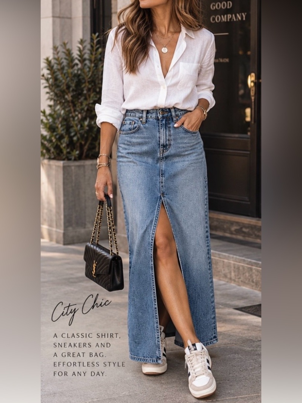 Dkny Light Blue High-Waist Front-Slit Denim Maxi Skirt with Classic Wash